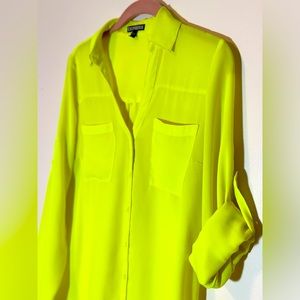 Express Women’s Neon Sheer Button up Long Roll-Up Sleeve Top Size S